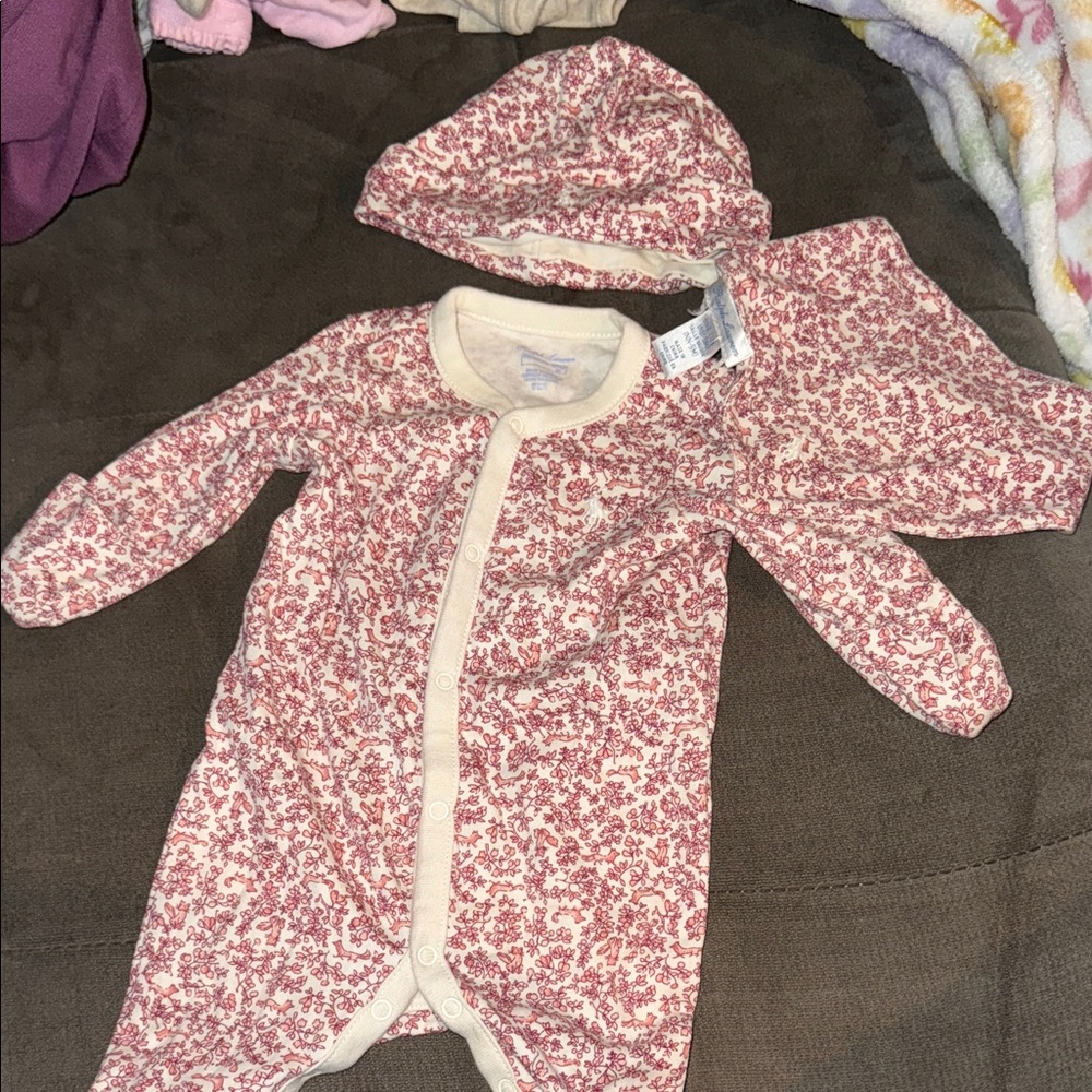 Floral Pink Baby One Piece with Hat and bib
